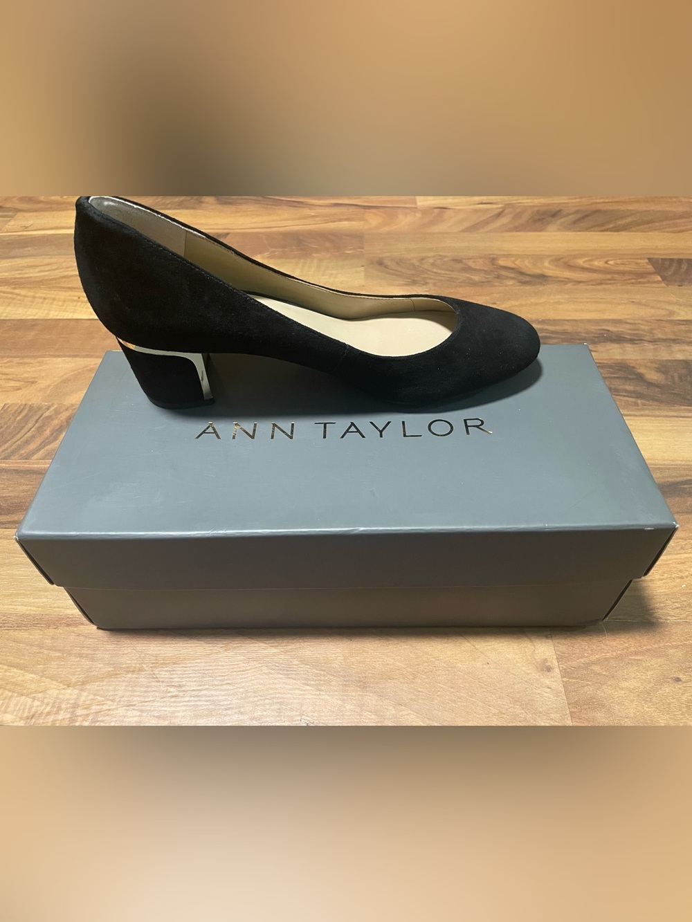 Ann Taylor Black Suede Block Heel Pump